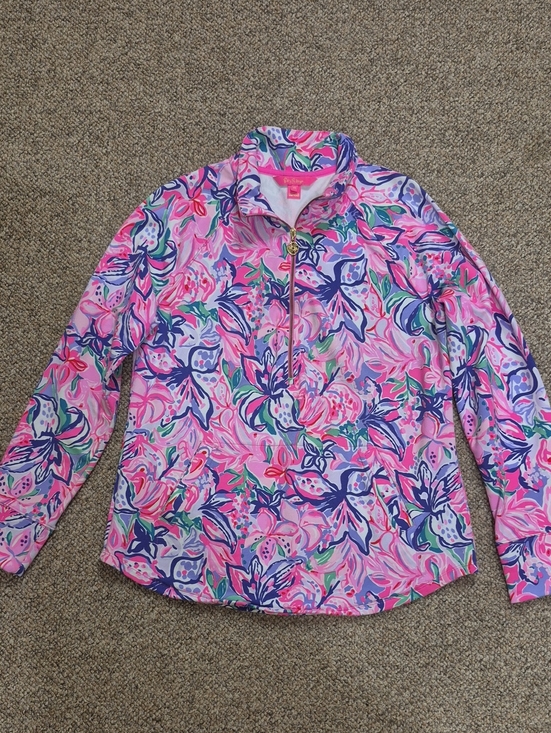 Lilly Pulitzer Sweaters - Lilly Pulitzer Pink Multi Floral Half-Zip Pullover Sweater With Kangaroo Pockets
